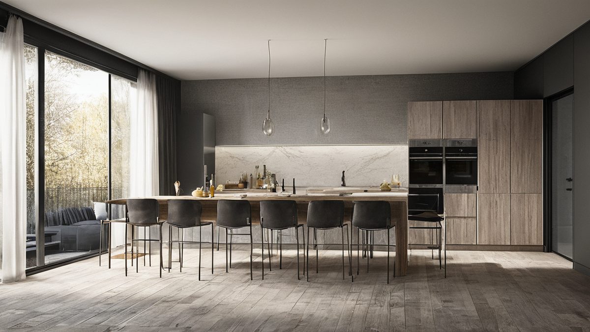 Pièce de vie claire et sobre dans une maison neuve au confort thermique discret.