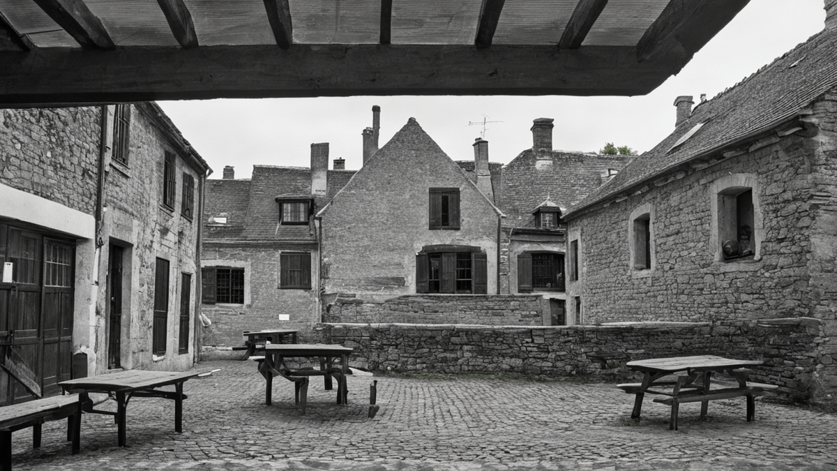 Quartier de maisons anciennes aux toitures complexes sans panneaux solaires visibles.