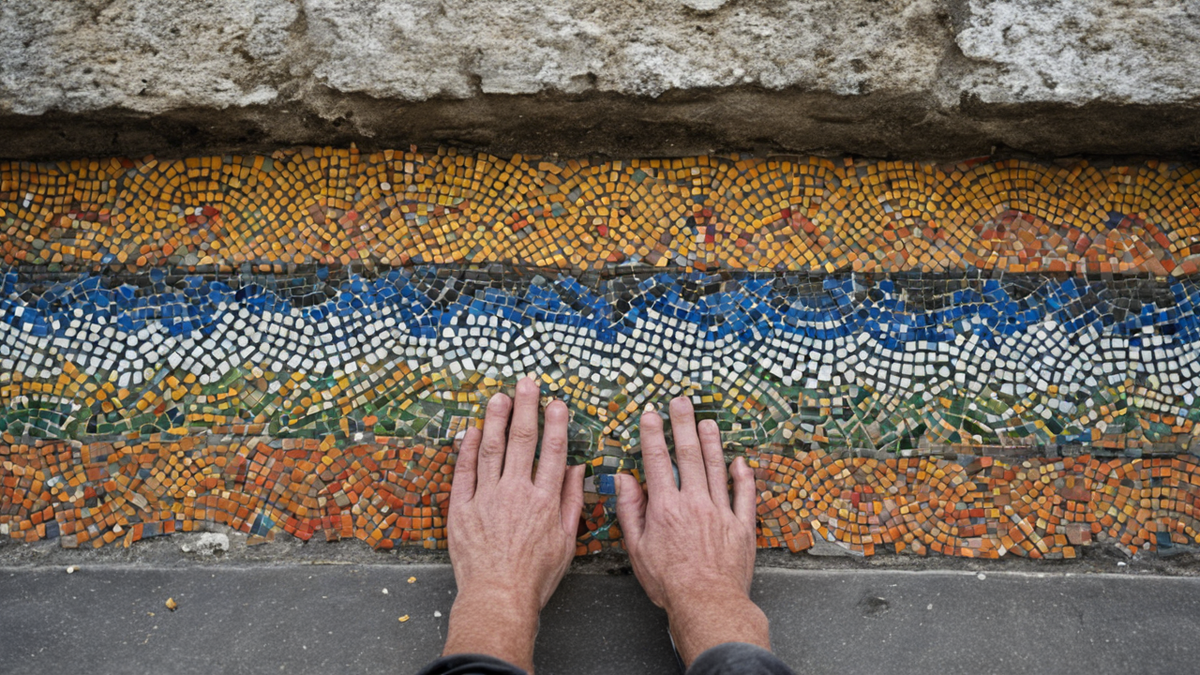 Détail de mosaïque colorée sur un mur public en Moldavie.