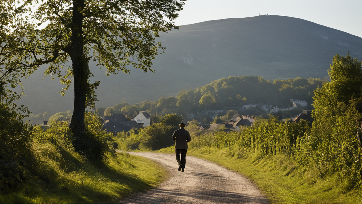 Route de village en Moldavie avec plusieurs éléments architecturaux ornés de mosaïques.