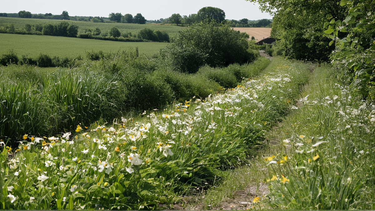 Corridor végétal favorable aux monarques avec fleurs hôtes et quelques papillons.
