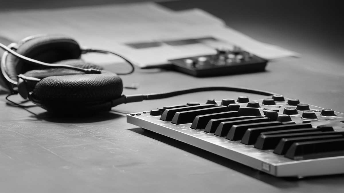 Matériel de production musicale sur une table de studio.