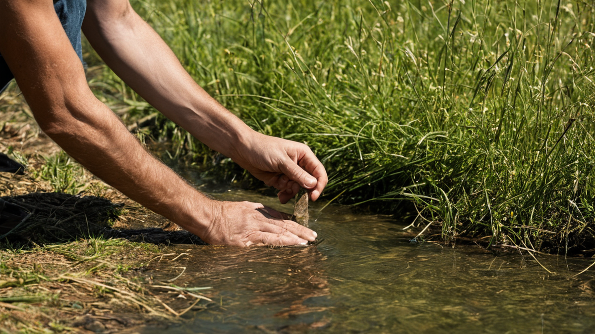 Zone sécurisée de parc avec point d'eau et traces d'animaux.