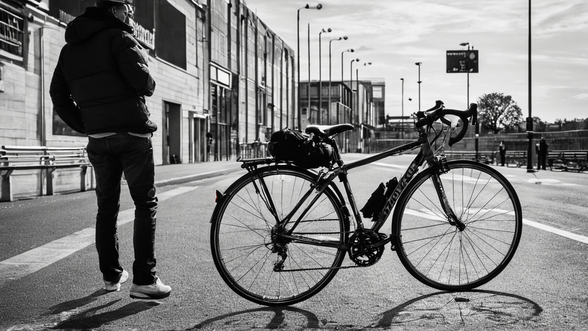 Un vélo stationné dans l’espace urbain parisien après un trajet.