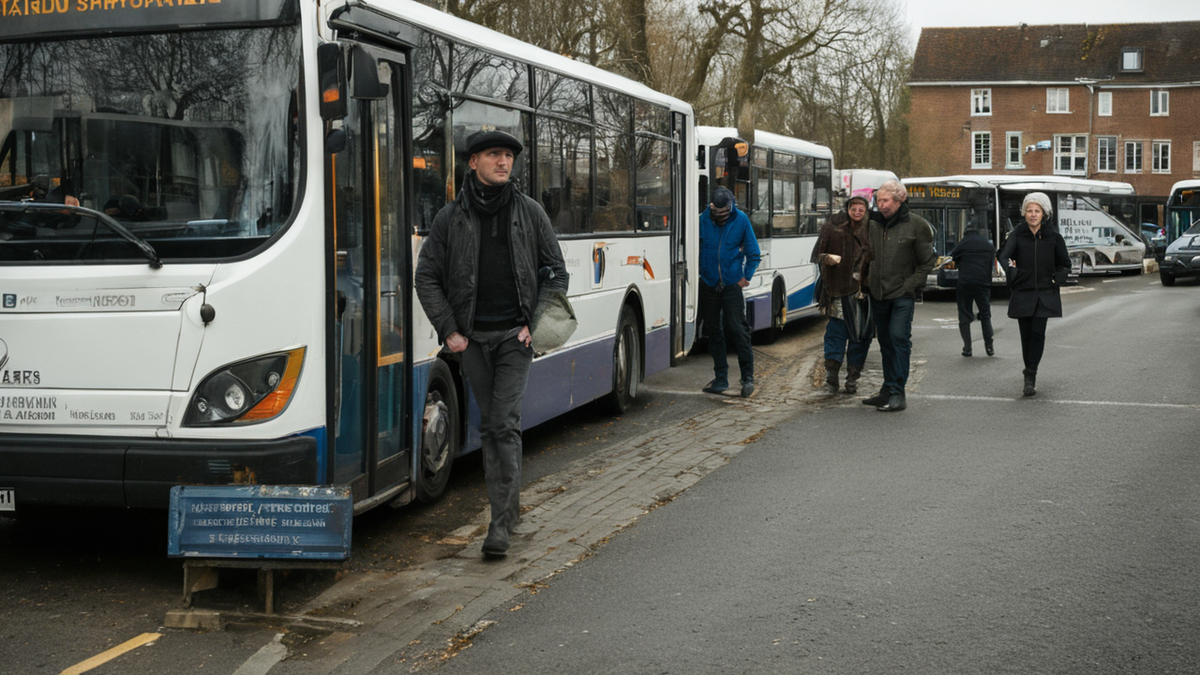Scène de quartier près d'un arrêt de bus et d'une école.