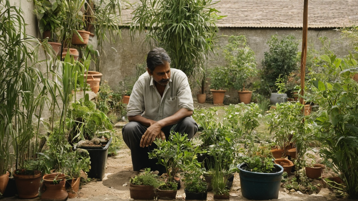 Balcon d’appartement avec pots, terreau et matériel de diagnostic pour plantes d’intérieur