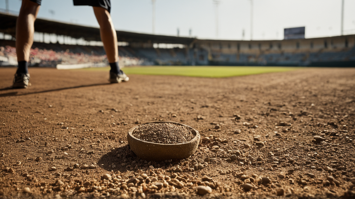 Banc près d’un terrain avec sacs de sport et joueurs au loin.