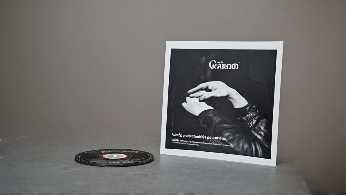 Table de merchandising sans marque avec vinyles et t-shirts, public flou.