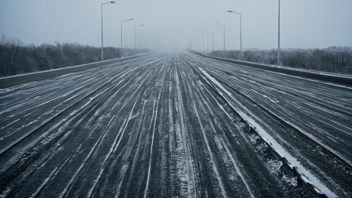 Piste d’athlétisme humide avec plots de départ neutres, silhouette floue au loin.