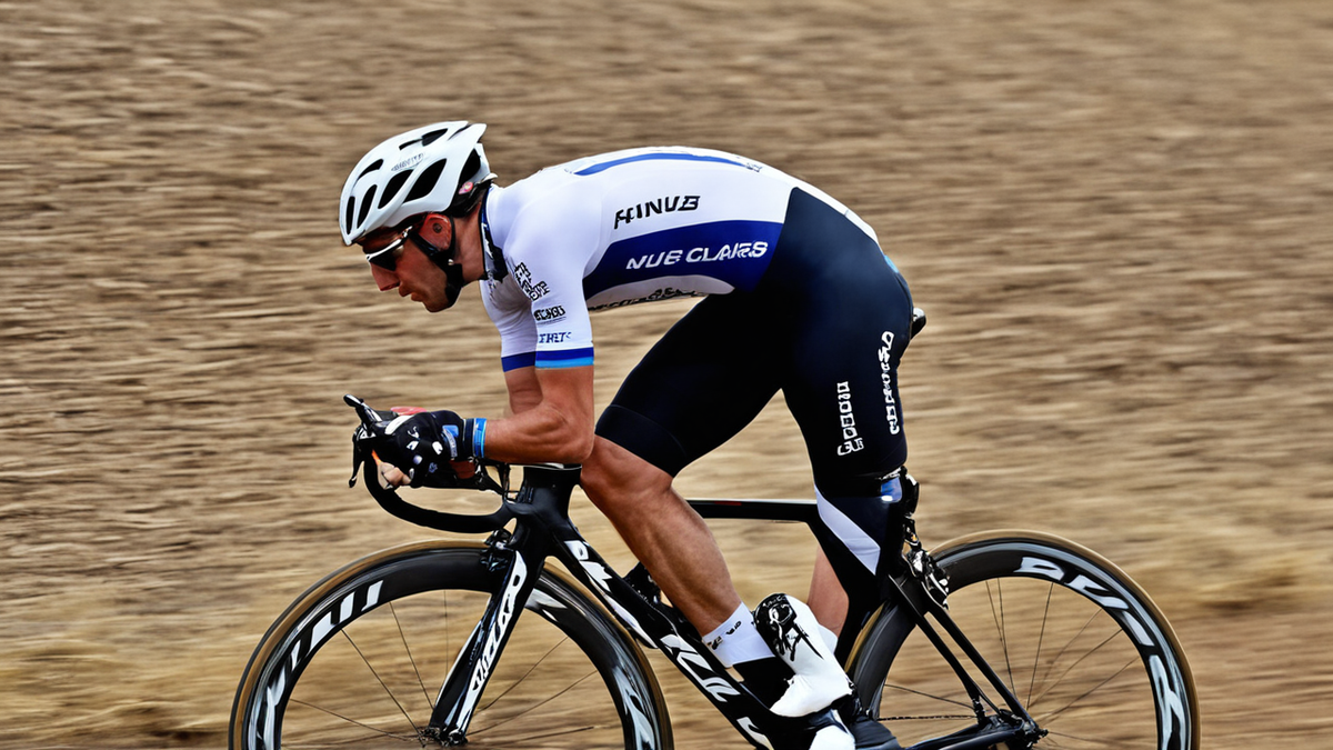 Vélodrome avec cycliste flou de dos en mouvement, ambiance de record.