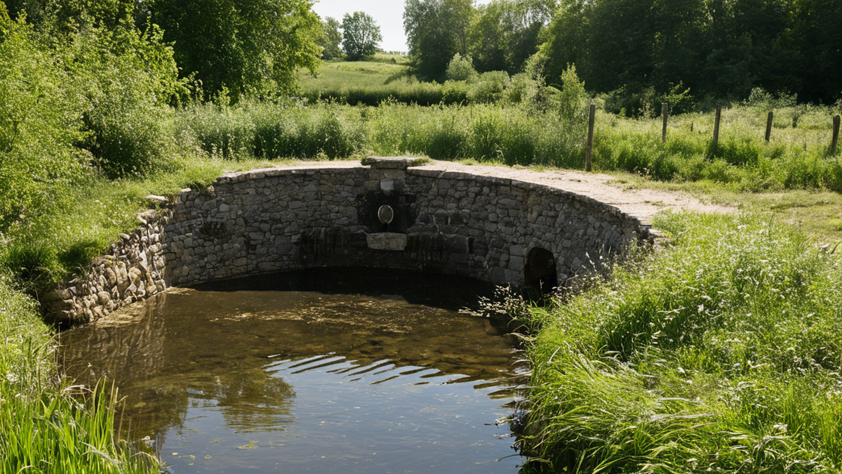 Un petit ouvrage hydrique rural montre comment l’eau est retenue et redistribuée localement.