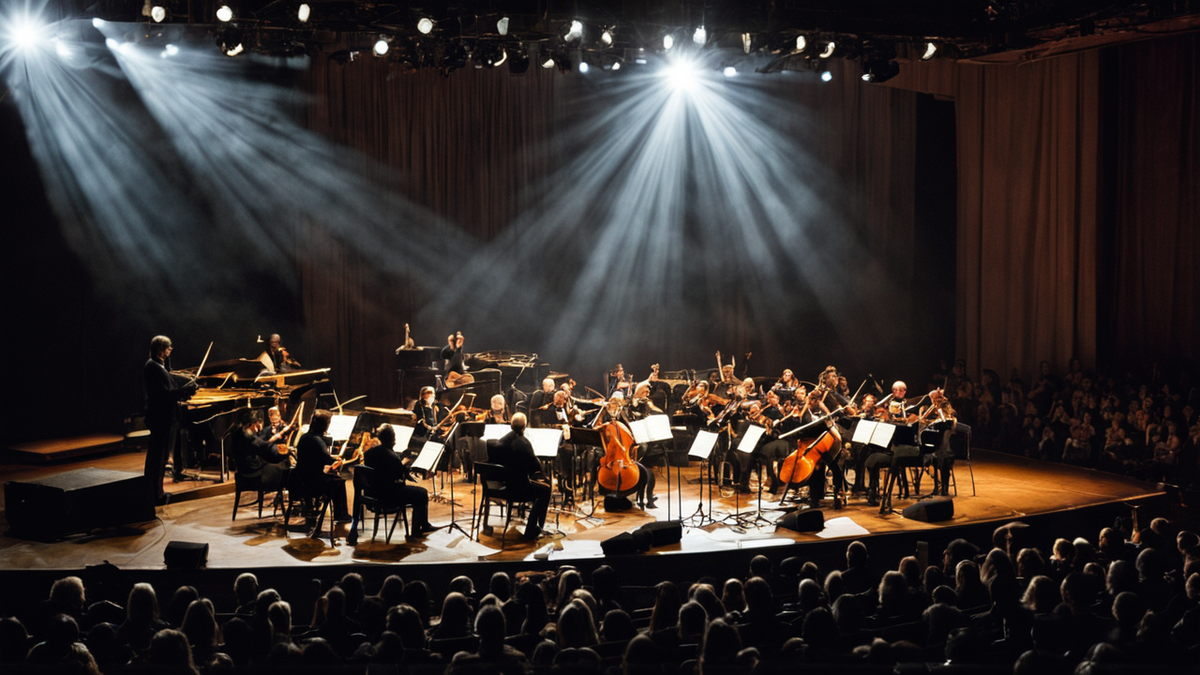 Scène de concert avec orchestre et passerelles dans une arène.