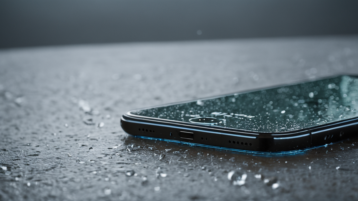 Smartphone reconditionné prêt à l’emploi, écran allumé flou illisible, ambiance sobre.