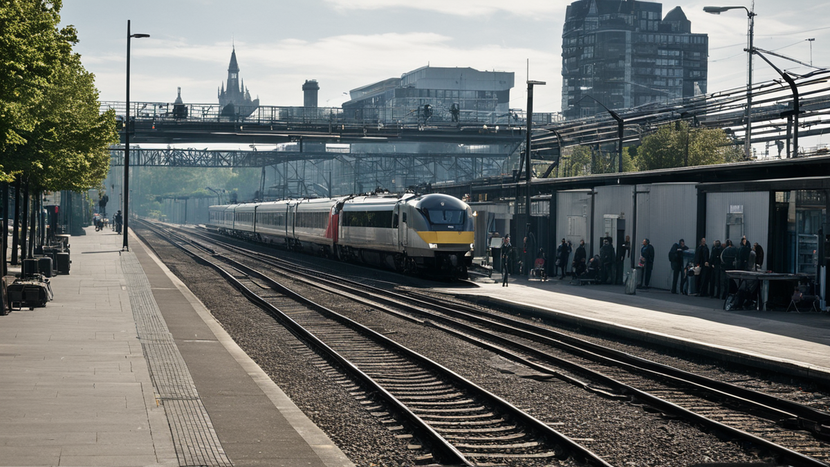 Un quai de gare clair et calme avec un train moderne à l’arrêt.
