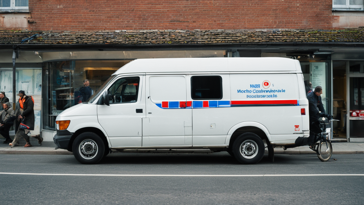 Moto-ambulance ou triporteur médical devant une petite clinique.
