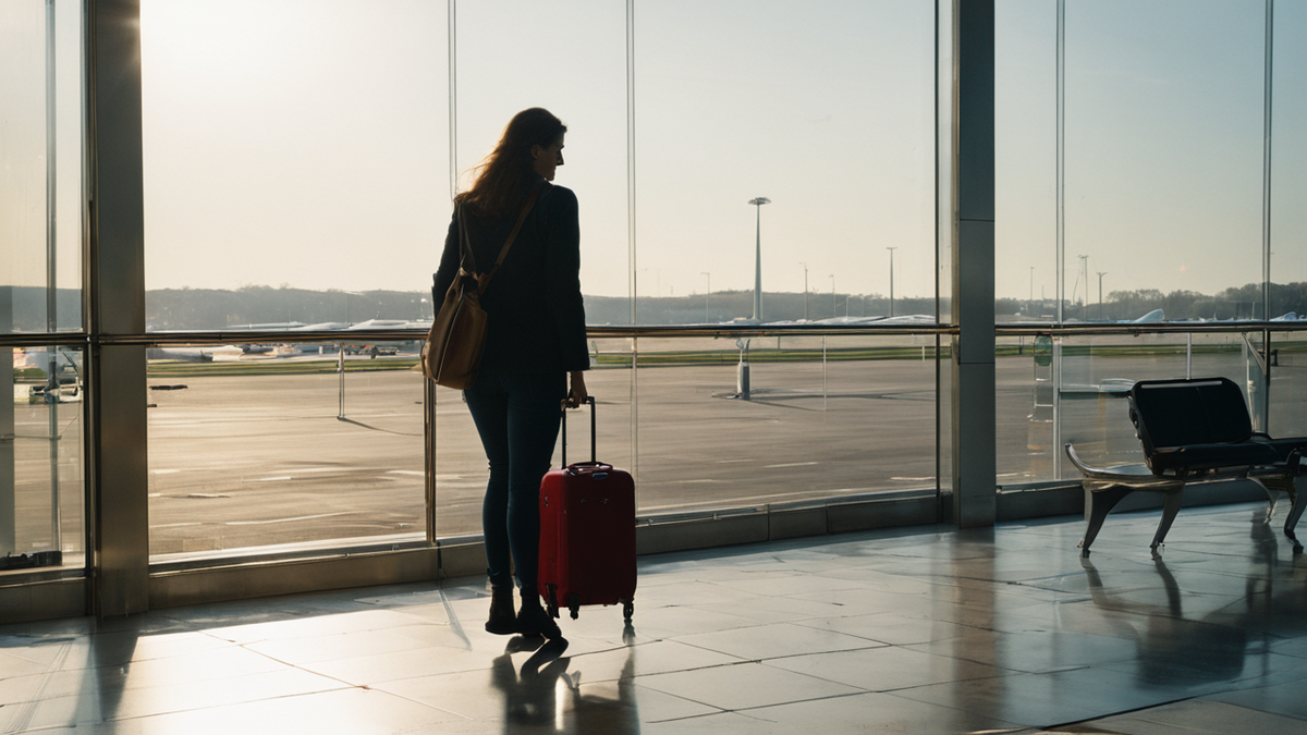 Voyageur avec petit bagage compact prêt à embarquer sereinement.
