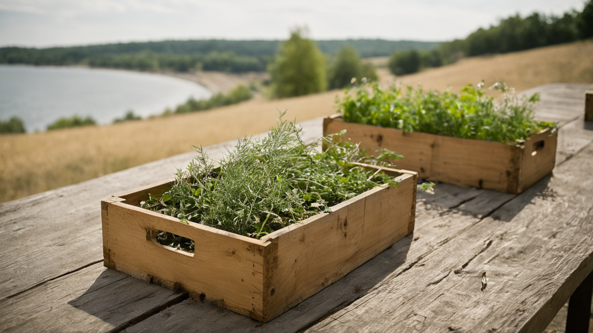 Préparation collective de légumes et d'herbes autour d'une table de cuisine.