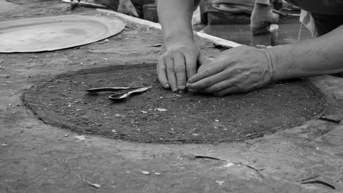 Table de cuisine communautaire avec plats simples et personnes discutant au loin.