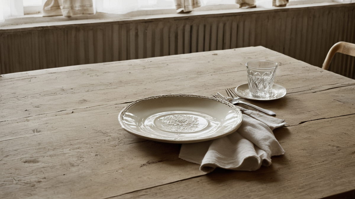 Une table de cuisine après le repas montre un plat de légumineuses et un sac d’école à proximité.