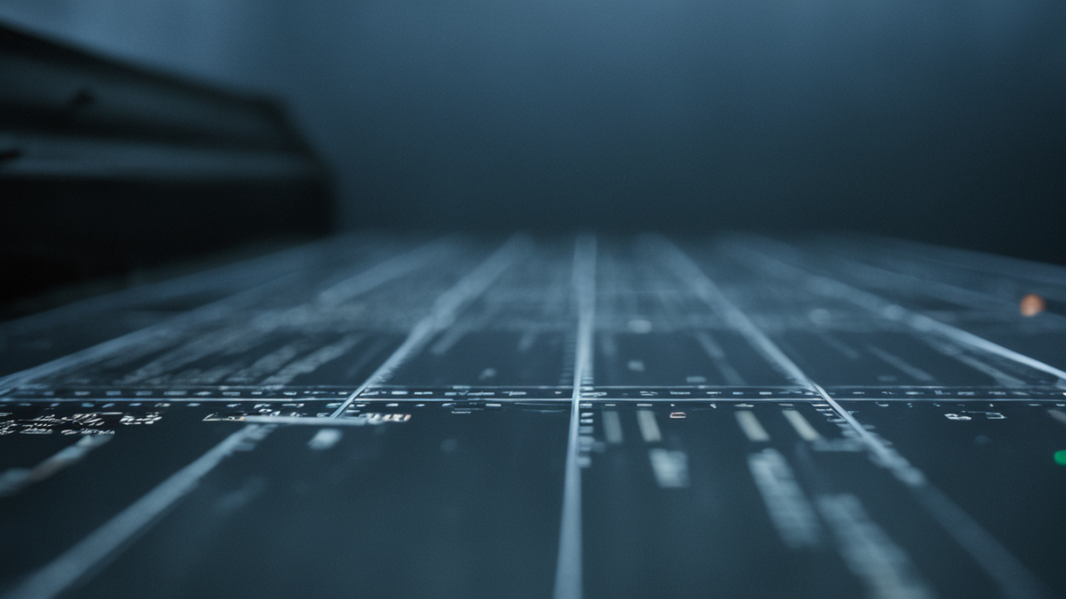 Un ordinateur flou et des fiches anonymes rangées dans une boîte de dossiers.