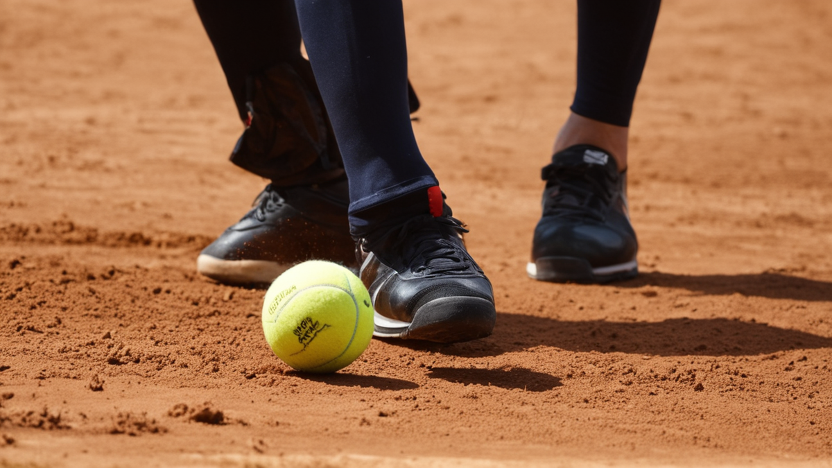 Court d'entraînement vide sur terre battue avec quelques balles près du filet.