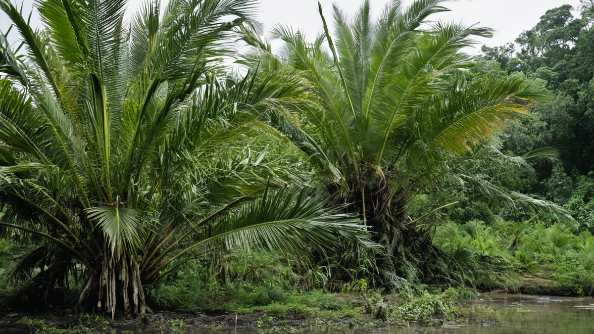 Des palmiers émergent au-dessus de la canopée amazonienne dans une lumière de matin.
