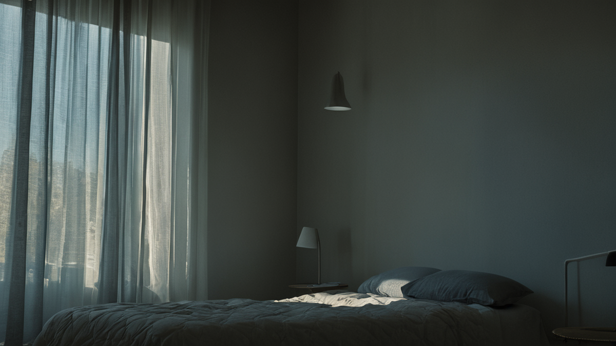 Intérieur de maison éclairée la nuit grâce à une lampe électrique simple.