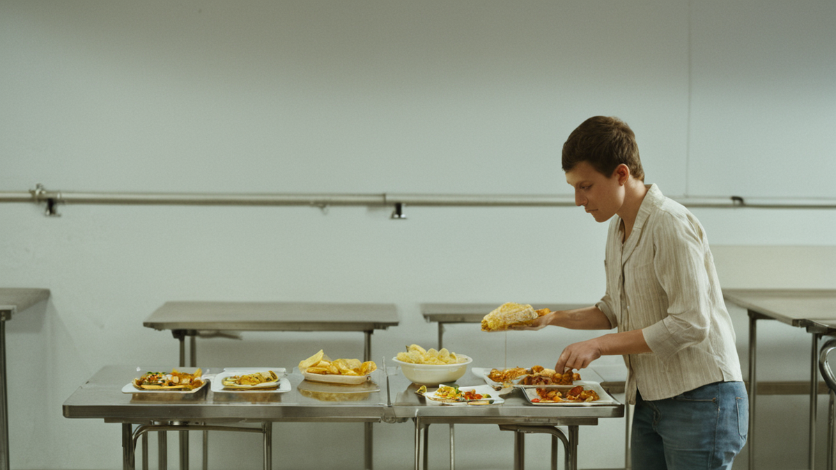 Des bacs de self de cantine avec légumes et plats chauds.