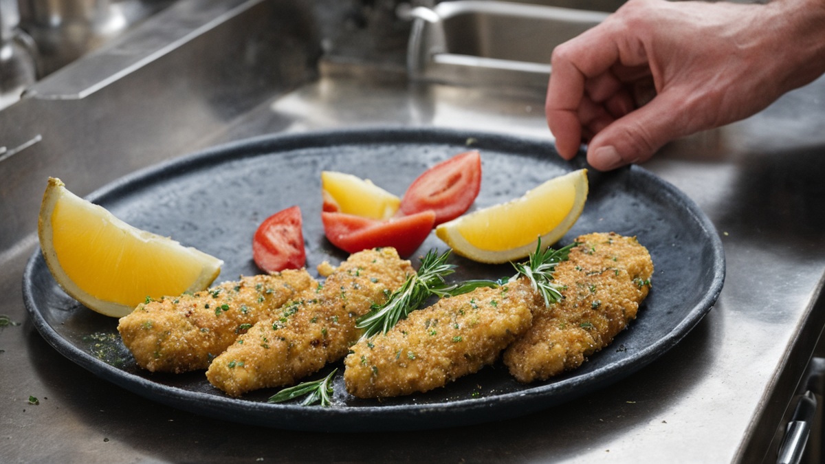Une cantine scolaire calme après le service avec quelques plateaux et des fruits visibles.