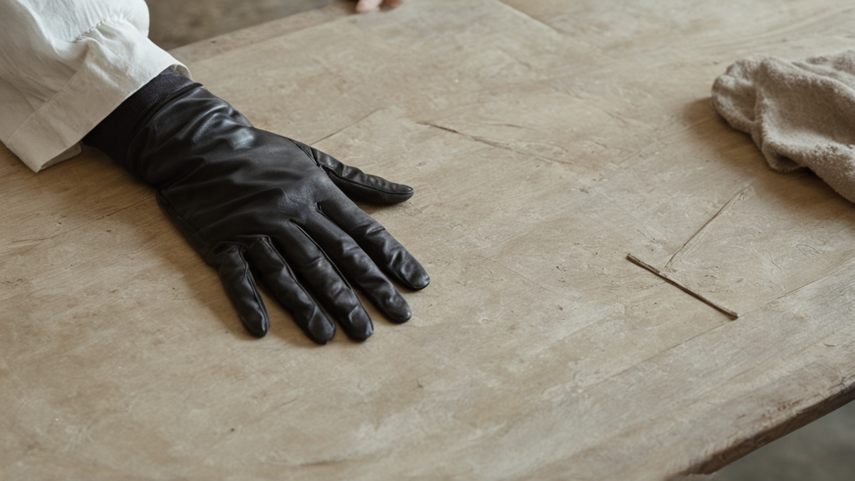 Un vêtement sombre et des gants blancs sur une table d’atelier muséal.