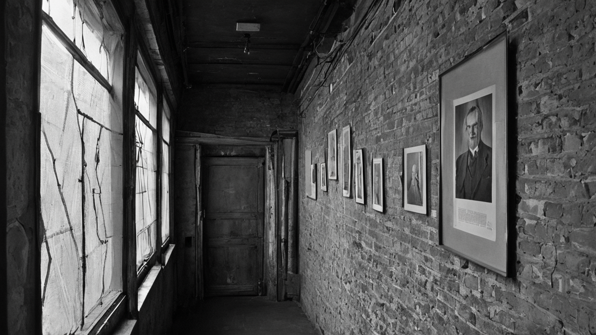 Une salle d’exposition vide avec un rideau sombre et une lumière au sol.