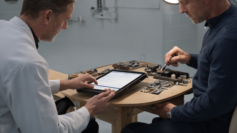 Tablette éteinte posée dans une salle de consultation rénale.
