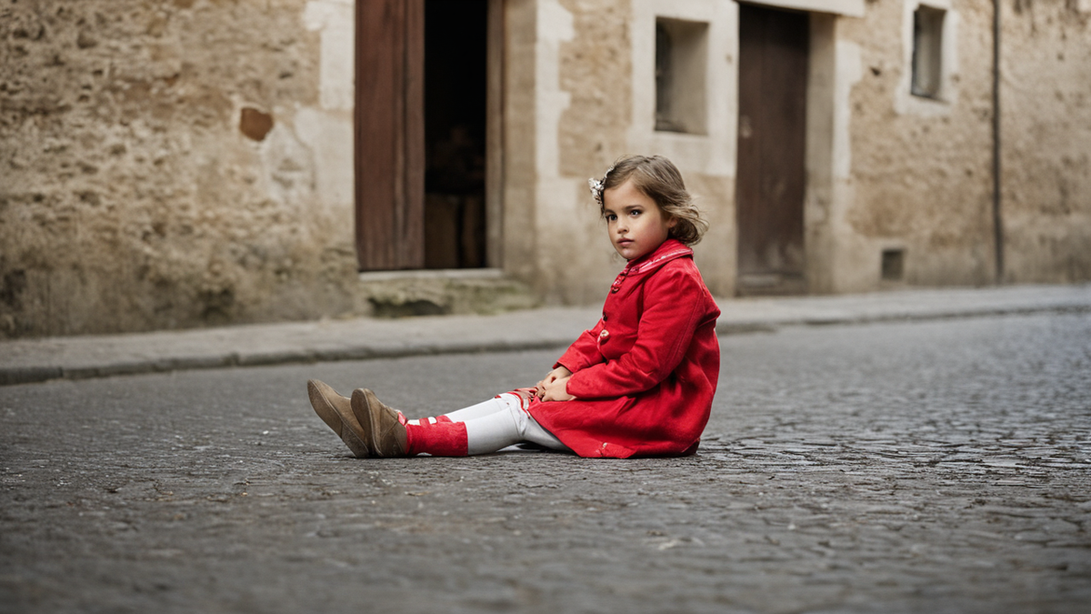 Une boutique fermée dans une rue de village avec quelques femmes au second plan.