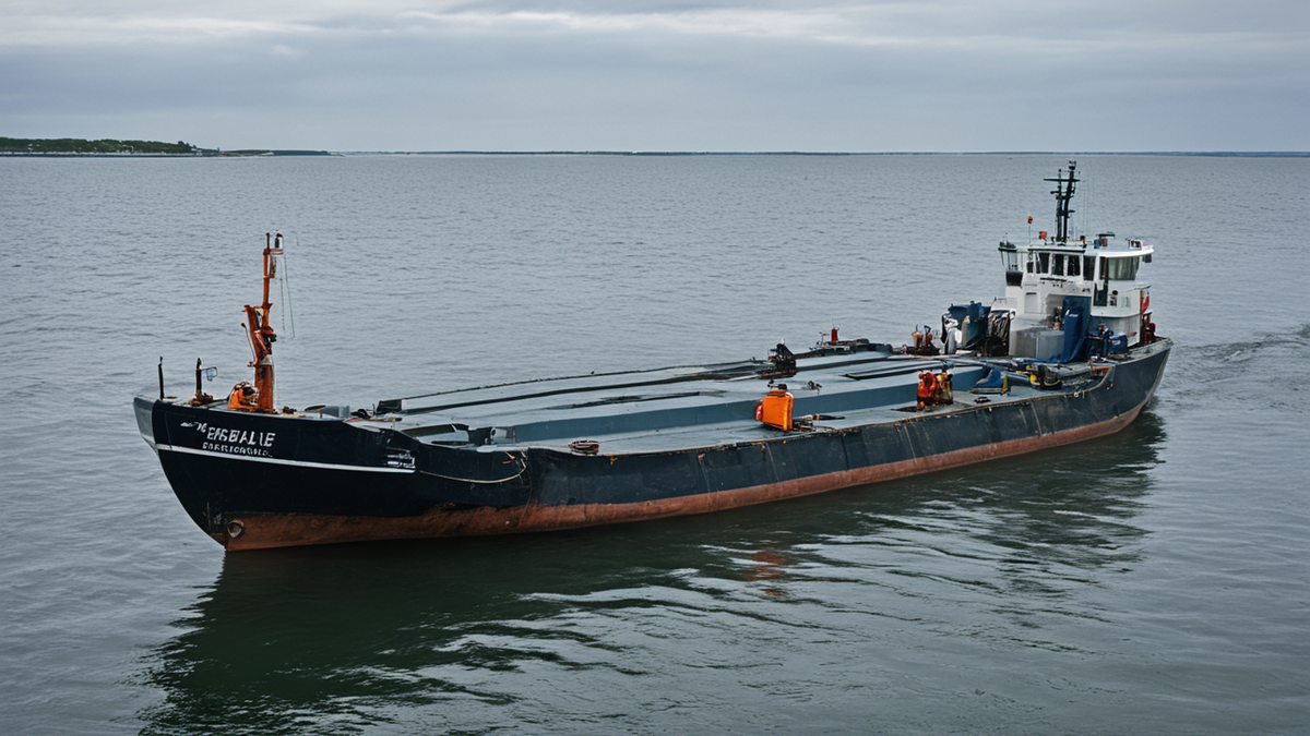 Une barge spéciale neutre placée dans une baie peu profonde.