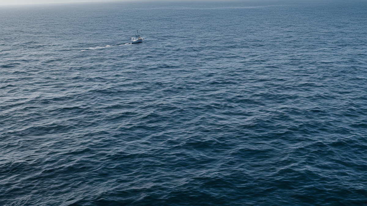 Une zone de haut-fond en mer avec des bouées neutres et un bateau au loin.