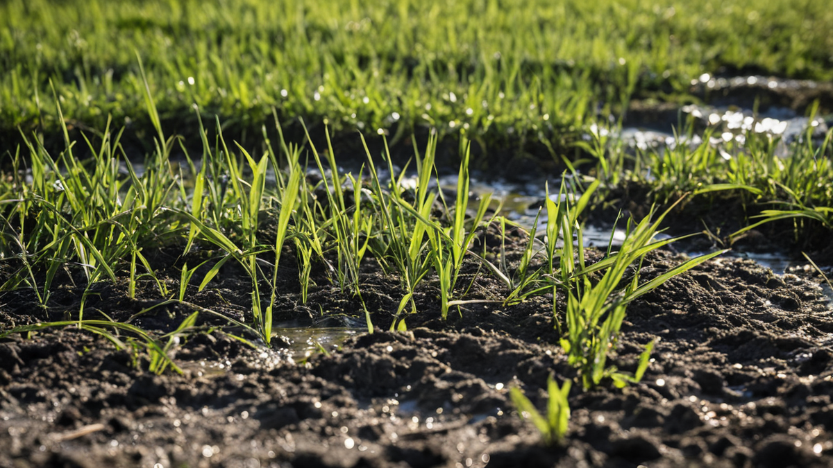 Rizière régulière à maturité avec eau abaissée et récolte homogène