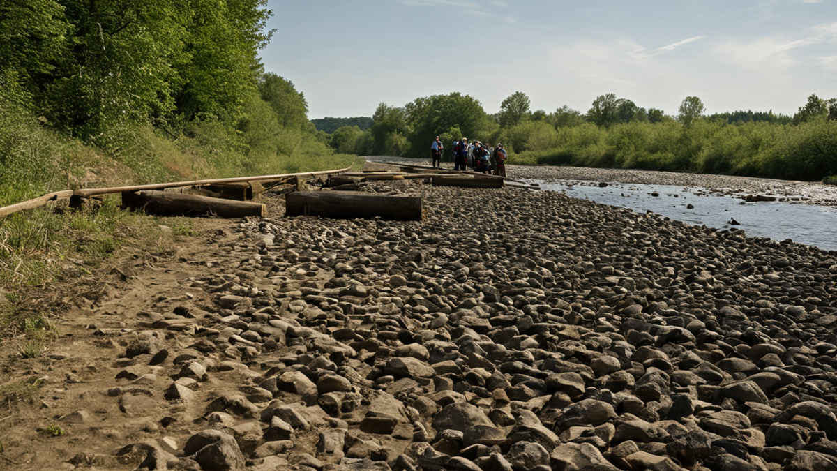 Le bord d’une rivière préparé pour une retransmission de course d’aviron.