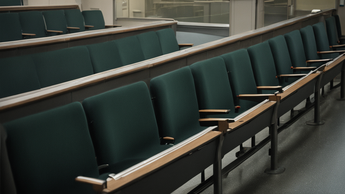 Pile de dossiers fermés sur un banc dans un couloir de tribunal sobre.