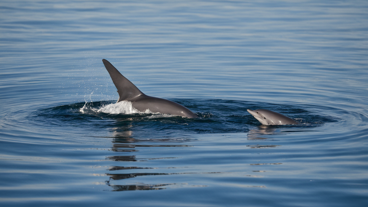 Des femelles cachalots forment un ensemble serré autour d’un petit près de la surface.