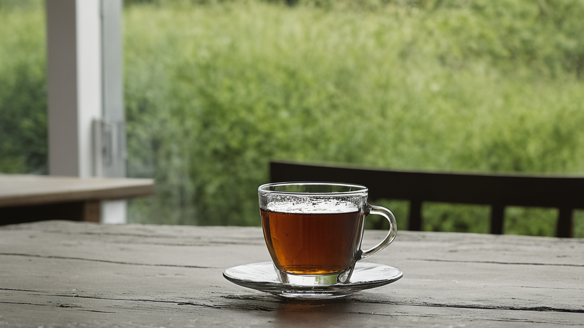 Une tasse de café entamée sur une table de petit-déjeuner avec un verre d’eau.