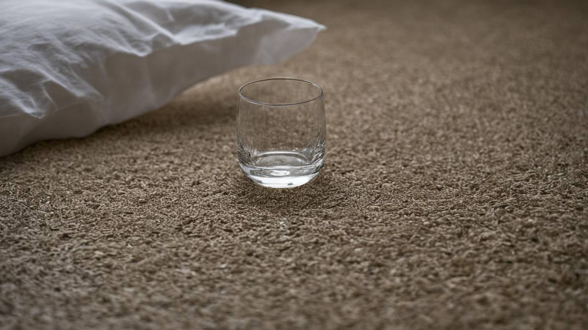 Une table de chevet d’enfant avec une veilleuse et un verre d’eau.