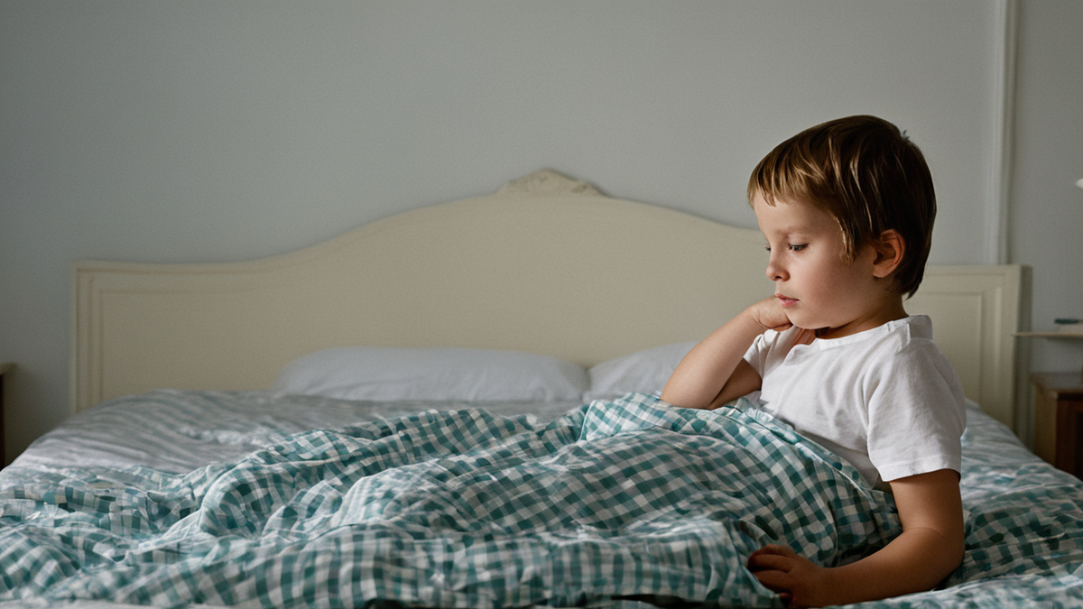 Une chambre d’enfant calme au petit matin avec le lit refait.