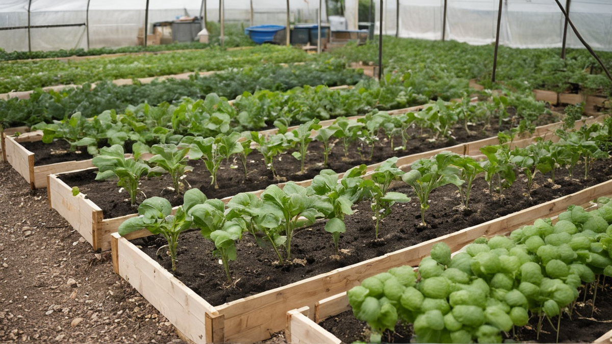 Serre agricole avec ombrage, goutte-à-goutte et thermomètre flouté.