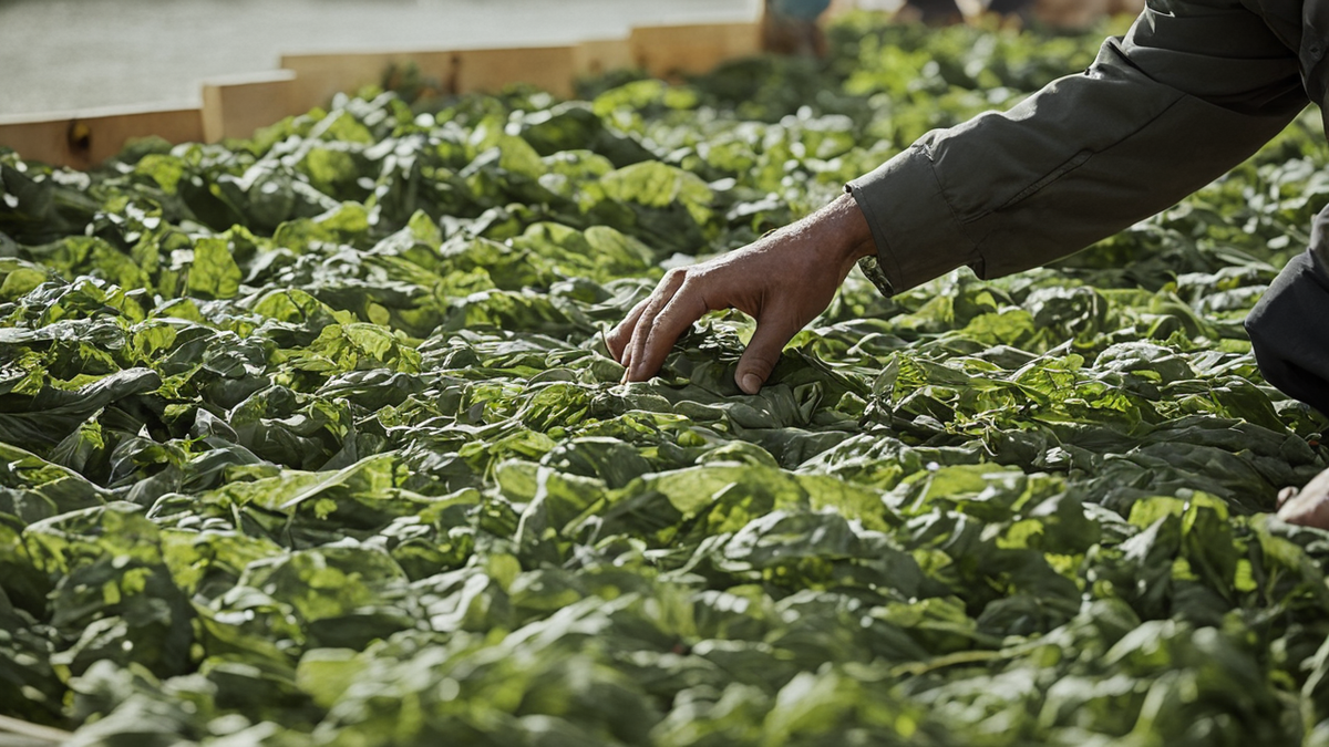 Étal de marché alimentaire couvert avec produits frais protégés de la chaleur.