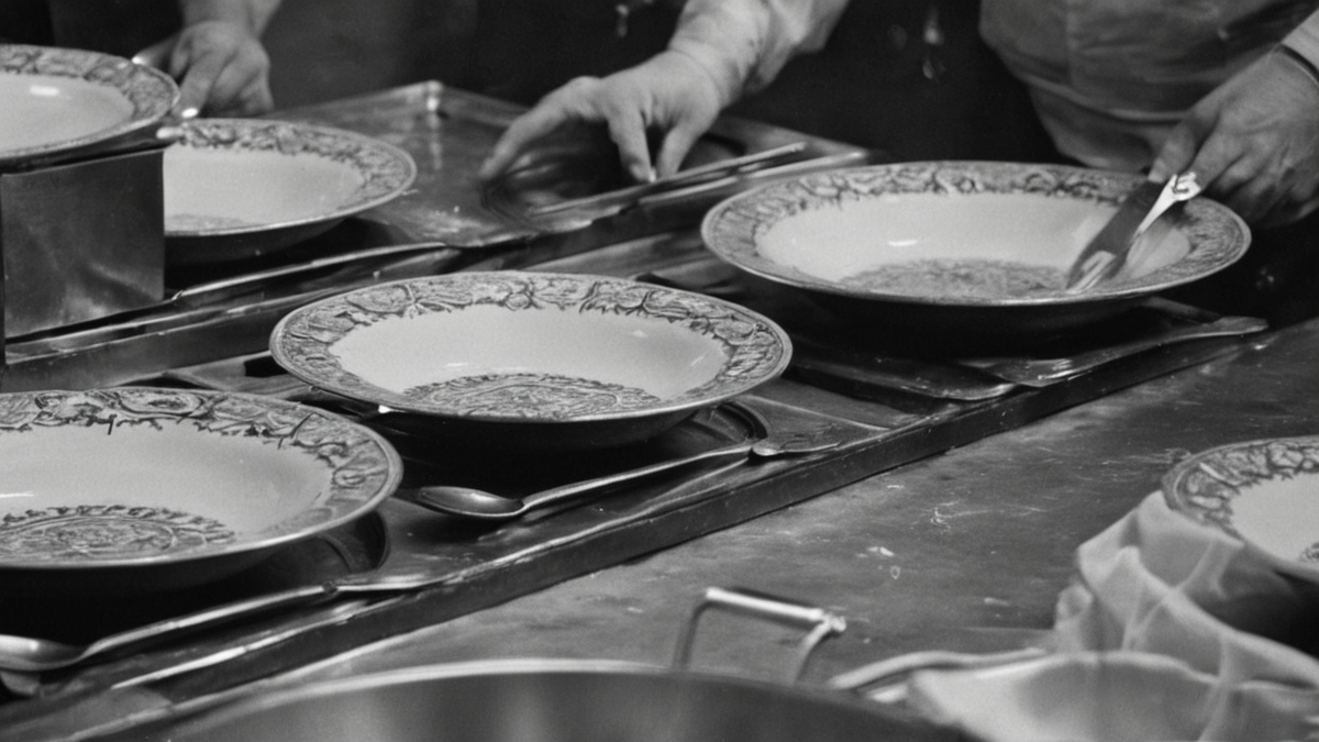 Passe de restaurant avec assiettes alignées et cuisine organisée en arrière-plan.