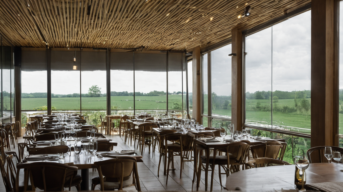 Salle de restaurant prête avant le service avec cuisine visible en arrière-plan.