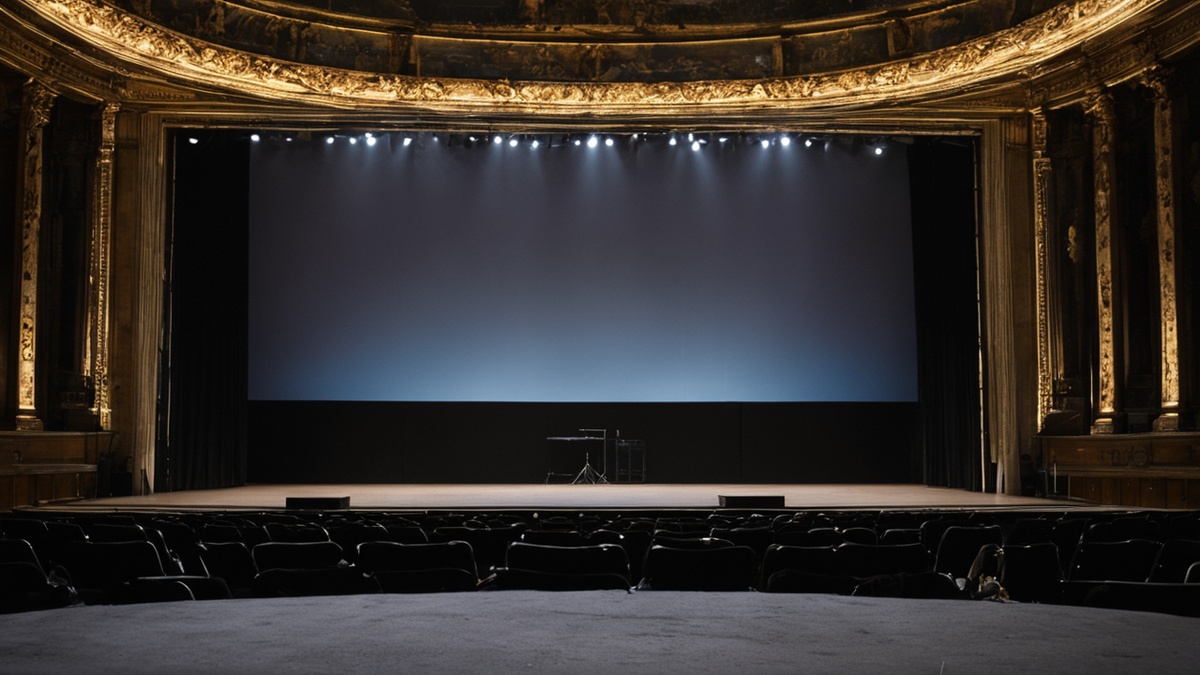 Grande salle de présentation avec public vu de dos et lumière de scène.