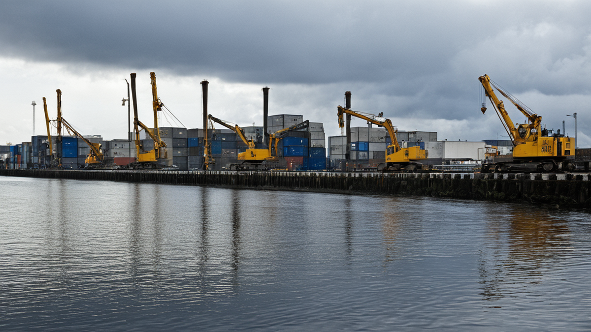 Quai industriel calme avec grues floues et rails.