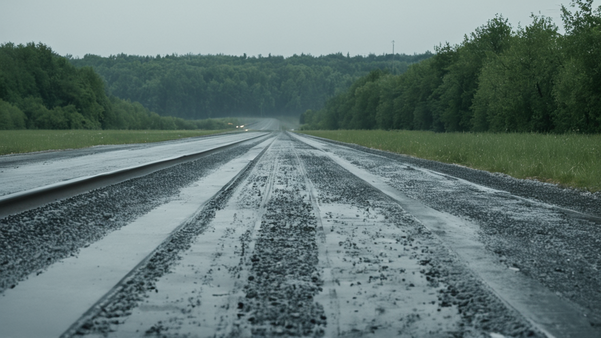 Un avion neutre roule sur une piste humide avec une tour de contrôle floue au loin.