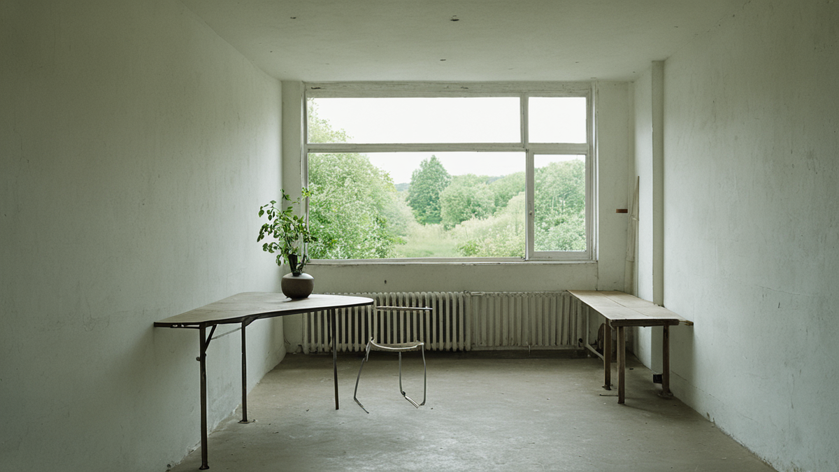 Un bureau simple avec chaise vide et passage dégagé pour une courte pause active.